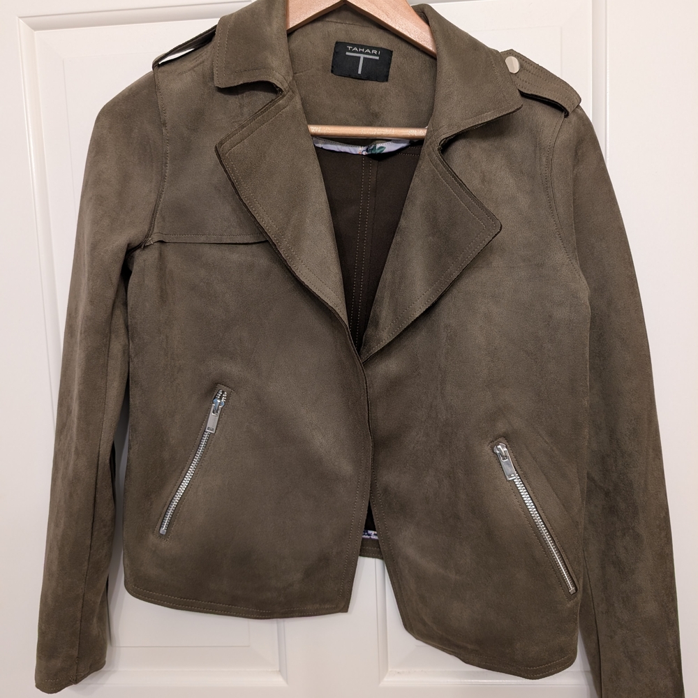 Tahari Olive Faux Suede Jacket